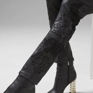 WHBM NWT $150 High-Rise Coated Denim & Lace Slim Jeans Black